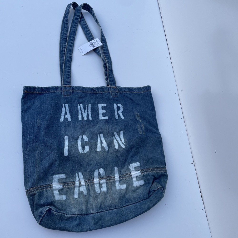American Eagle Blue Denim Tote Bag Distressed Stencil Logo NWT Medium‎ Wash